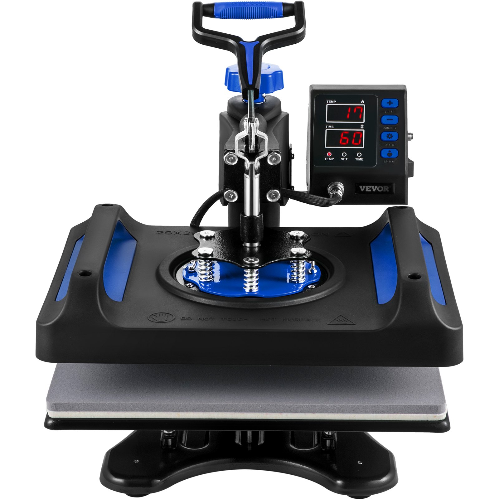 Máquina de prensado térmico VEVOR, negra y azul, con pantalla digital y asa.