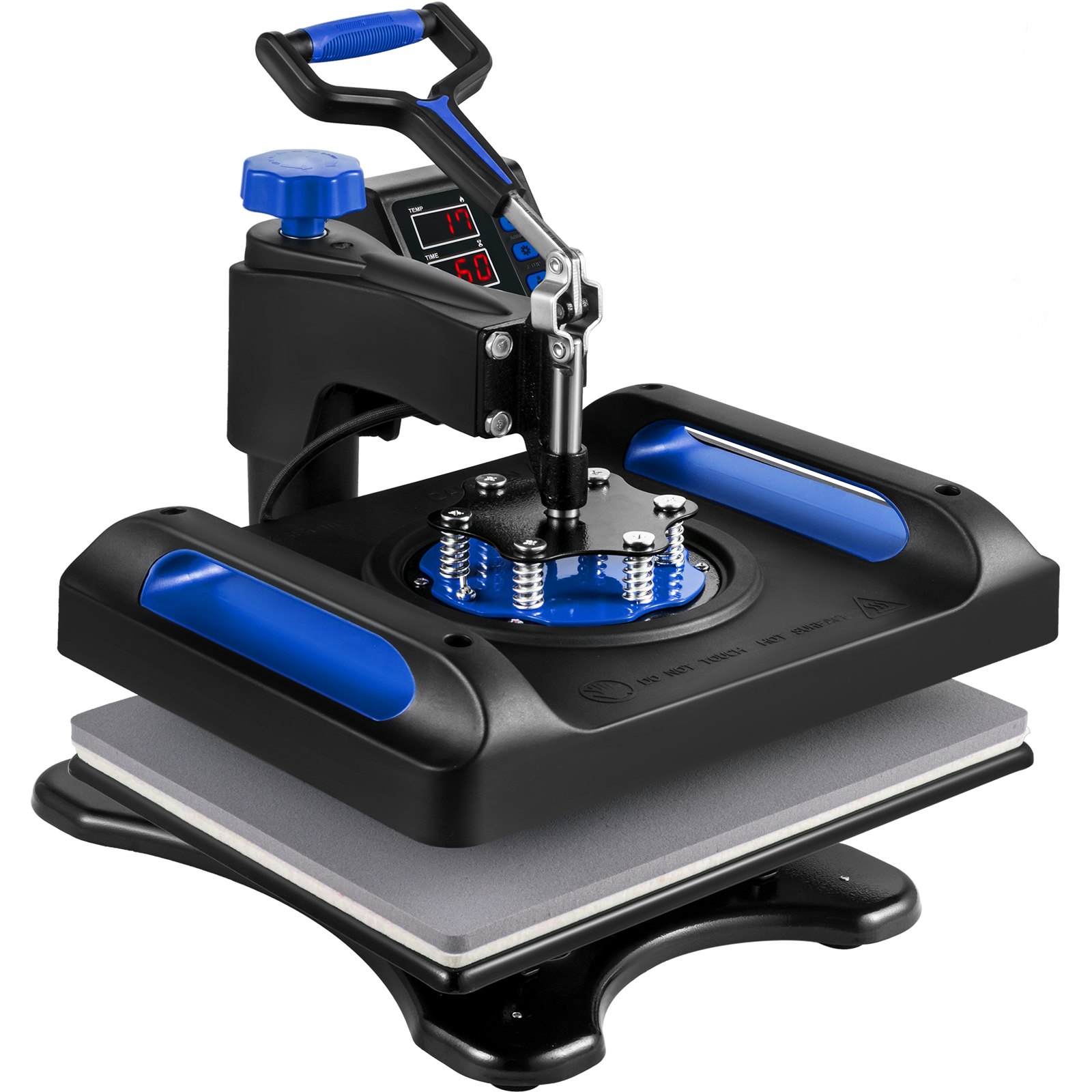 Máquina de prensado térmico VEVOR con controles digitales y detalles azules sobre marco negro.