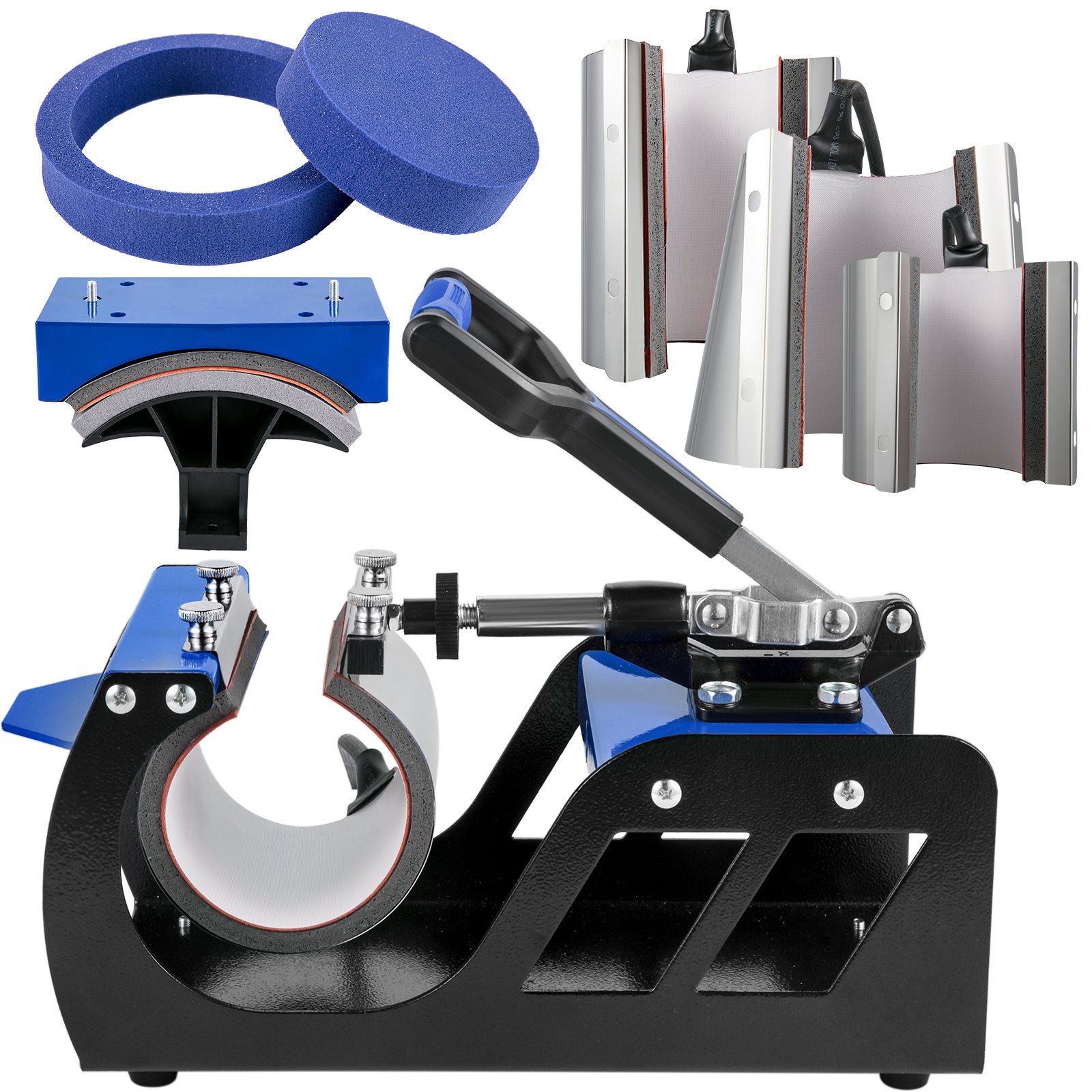 Máquina de prensado térmico VEVOR con componentes azules y negros y accesorios para tazas.