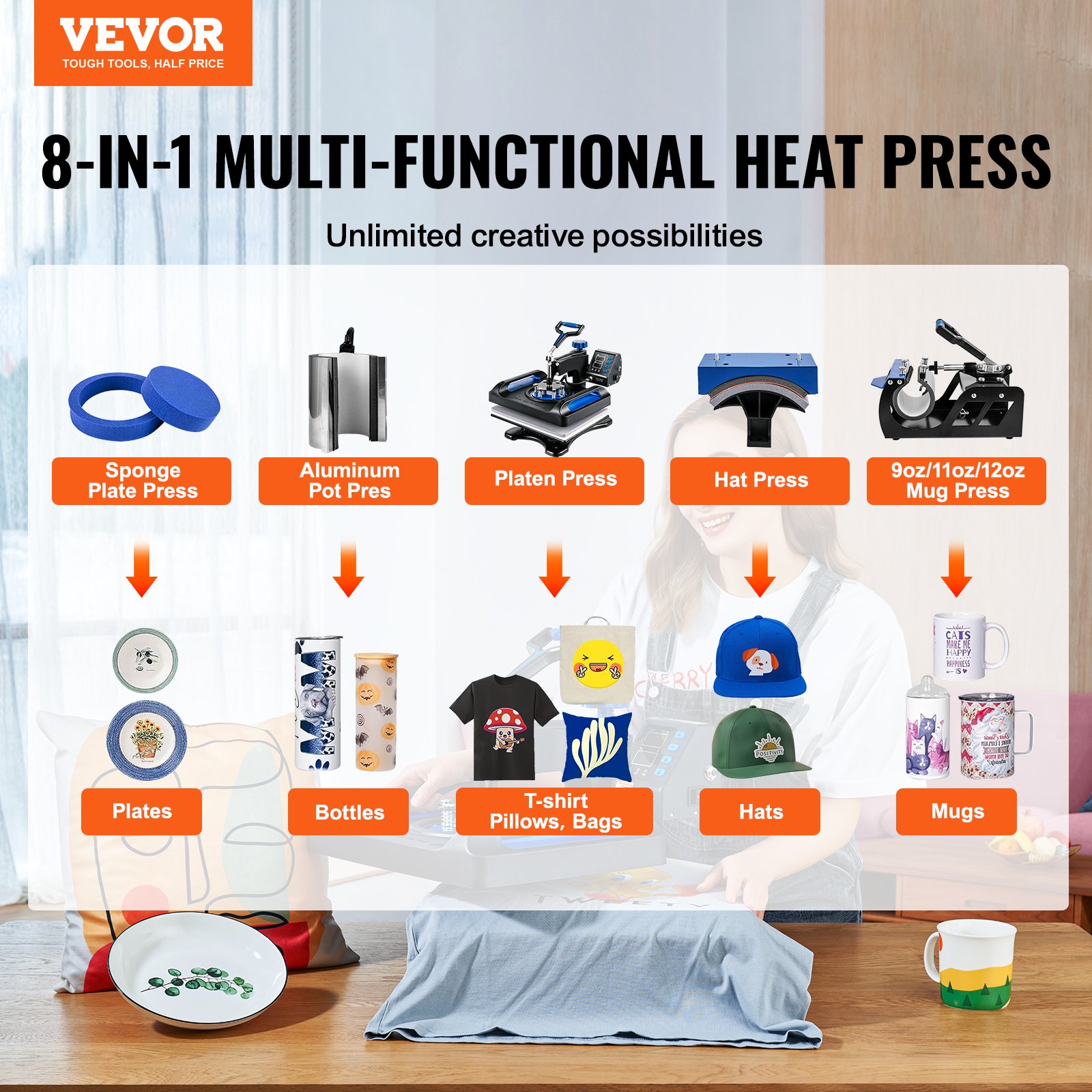 Máquina de prensado térmico VEVOR: 8 en 1 para platos, botellas, camisetas, gorras y tazas.