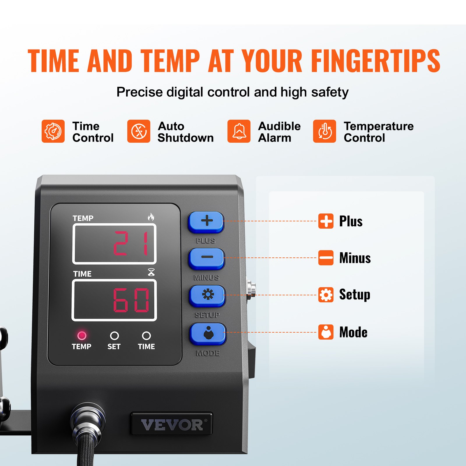 Panel de control de la máquina de prensado térmico VEVOR con configuraciones digitales de tiempo y temperatura.