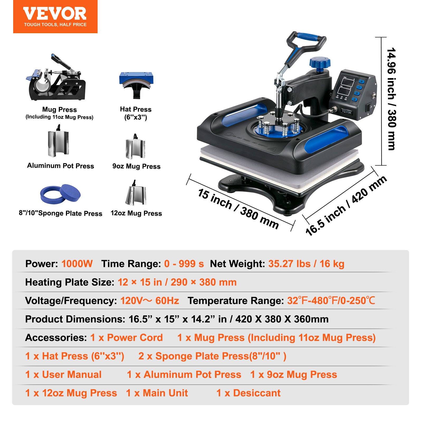 Máquina de prensado térmico VEVOR con múltiples accesorios, 1000w, panel de control digital.