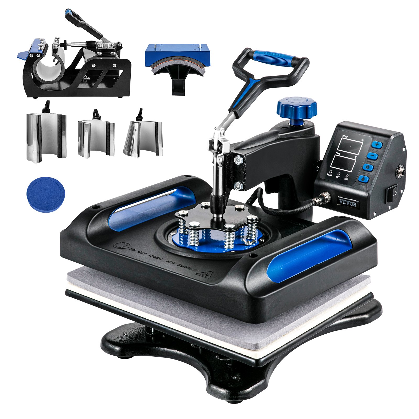 Máquina de prensado térmico VEVOR con múltiples accesorios y panel de control digital.