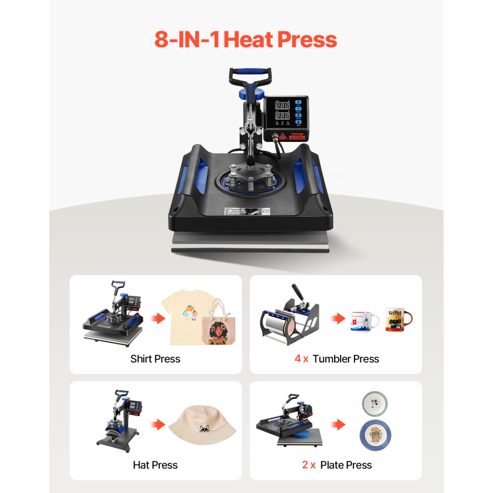 VEVOR Prensa de Calor 8 en 1 Placa 38 x 38 cm Máquina de Prensa de Calor Azul 1000 W Giratoria de 360 Grados Pantalla Digital Anti-quemaduras Prensa de Transferencia para Camiseta Taza Sombrero Tapa