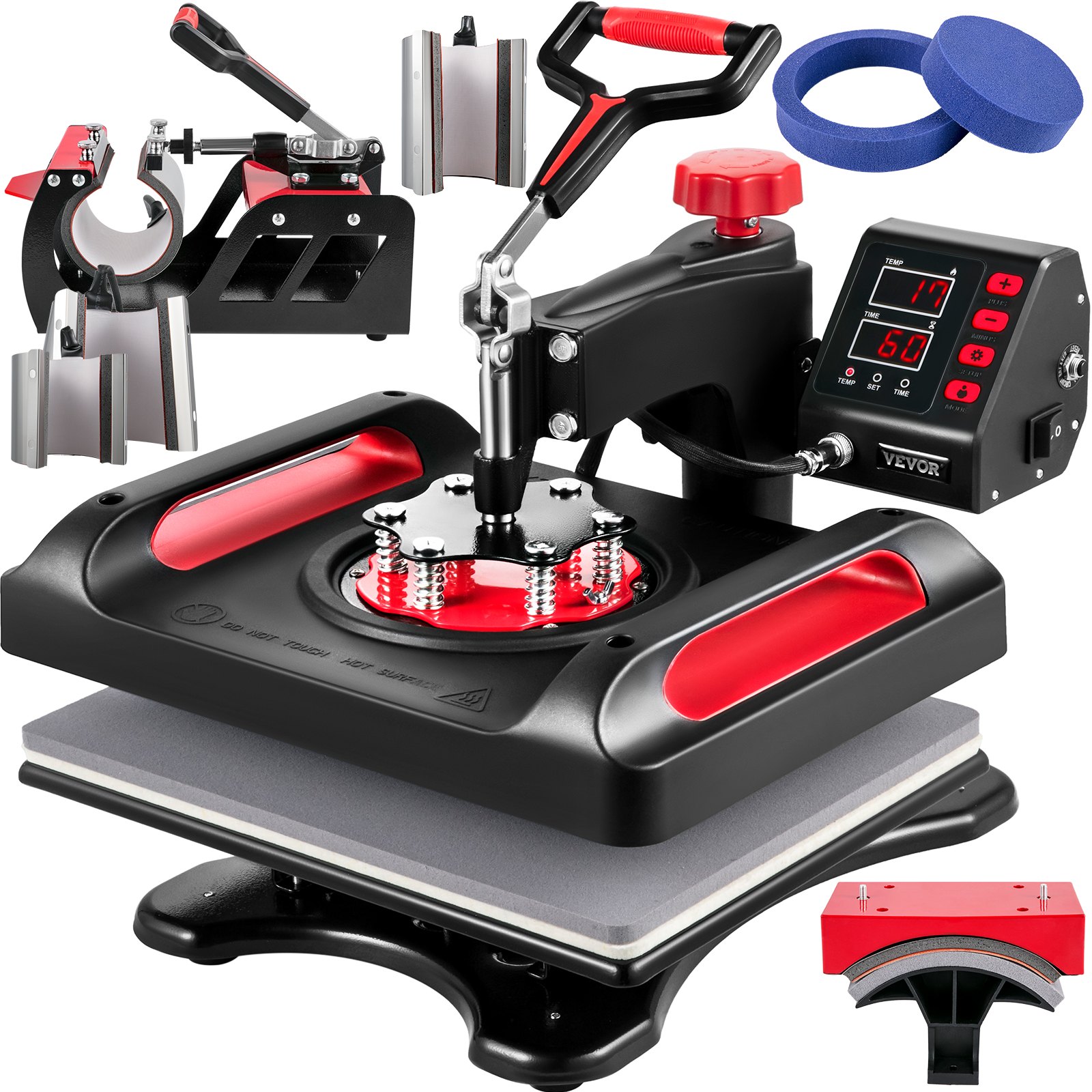 Máquina de prensado térmico VEVOR con control digital, detalles en rojo y piezas intercambiables.