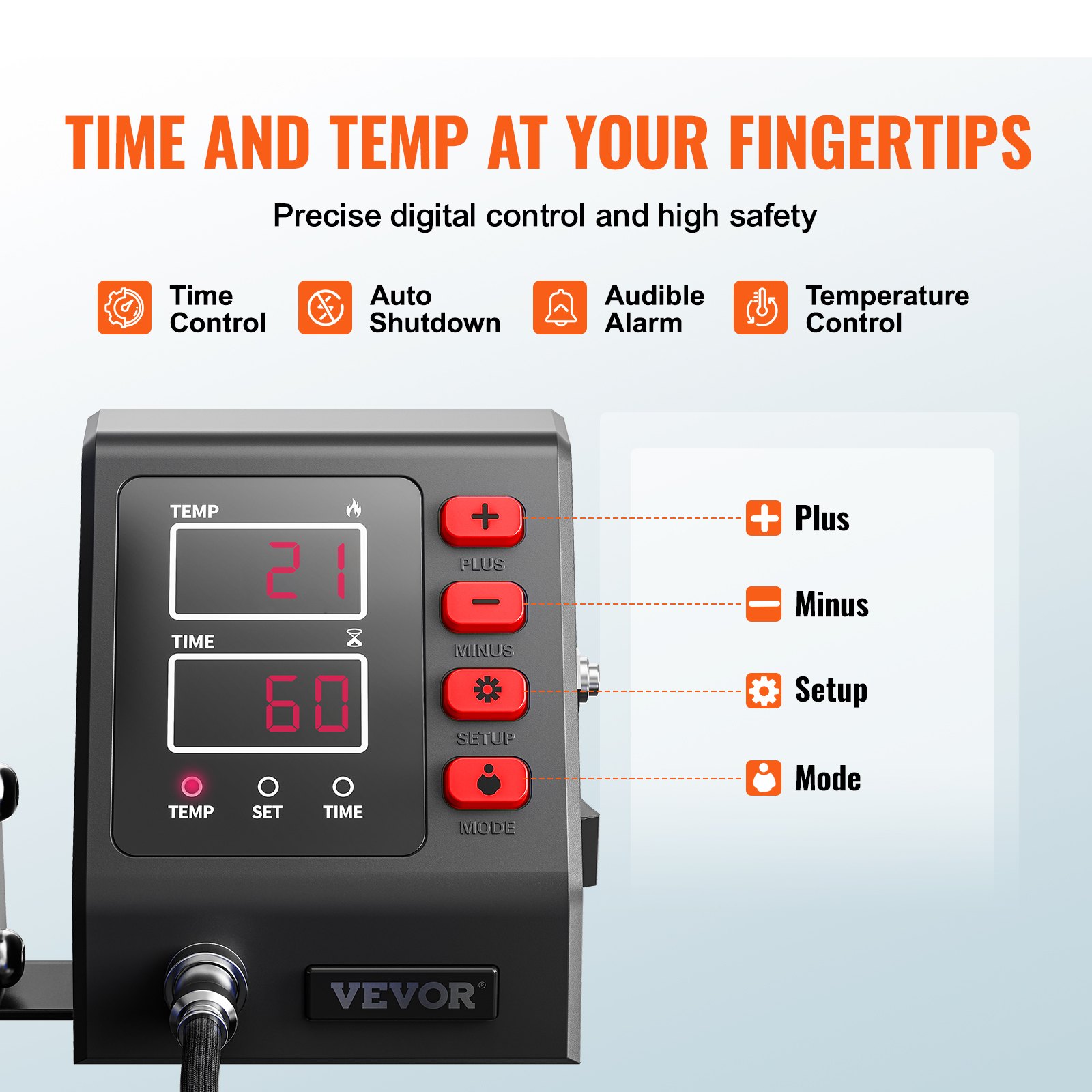 Panel de control de la máquina de prensado térmico VEVOR con configuraciones de temperatura y tiempo.