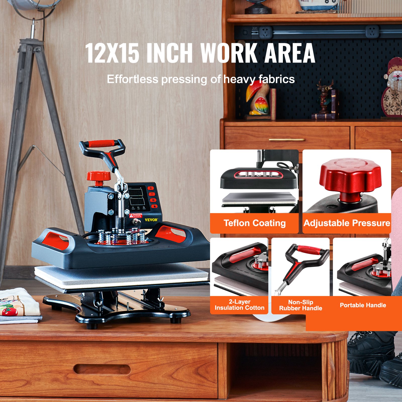 Máquina de prensado térmico VEVOR con área de trabajo de 12 x 15 pulgadas, revestimiento de teflón y presión ajustable.