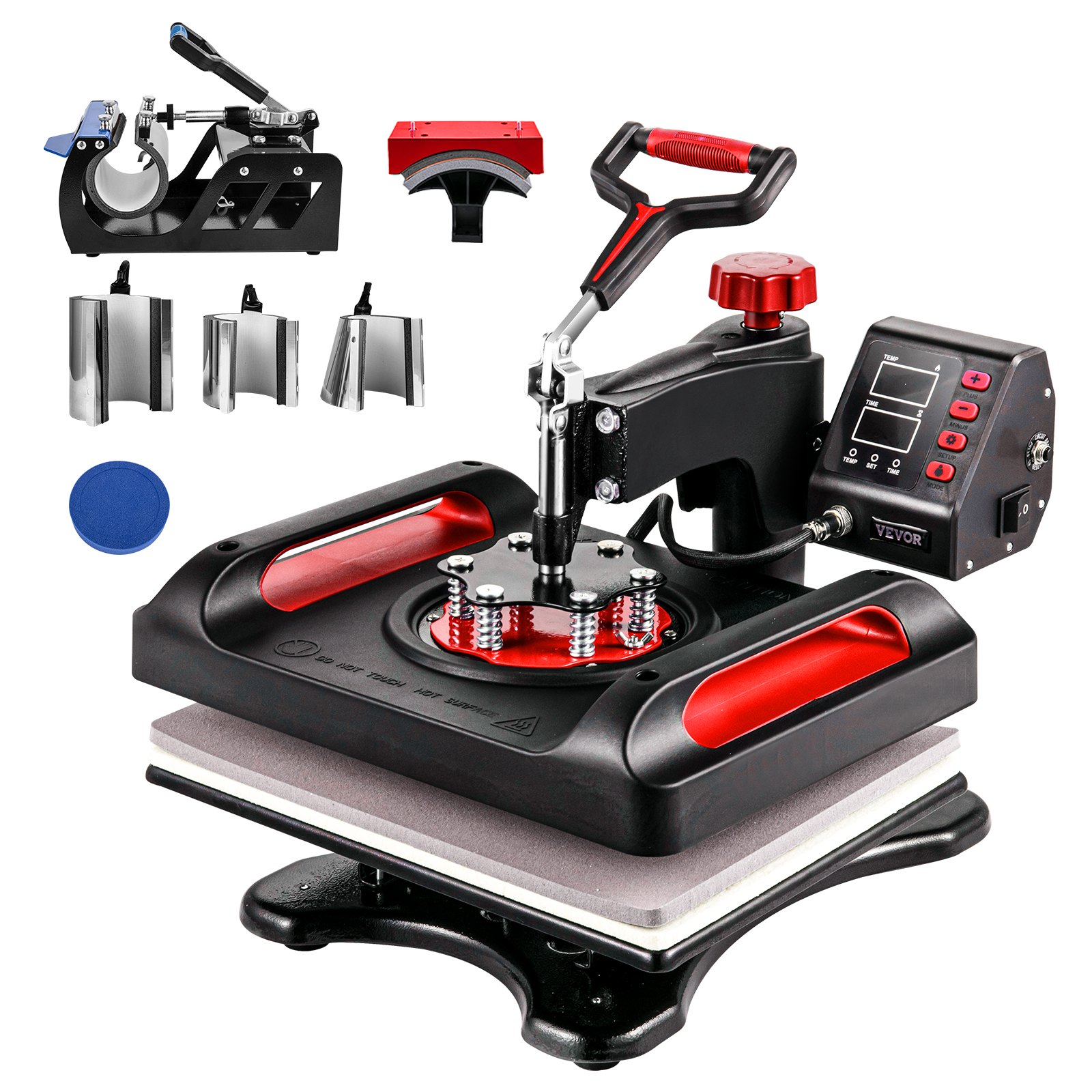Máquina de prensado térmico VEVOR con accesorios para diversas aplicaciones de prensado.