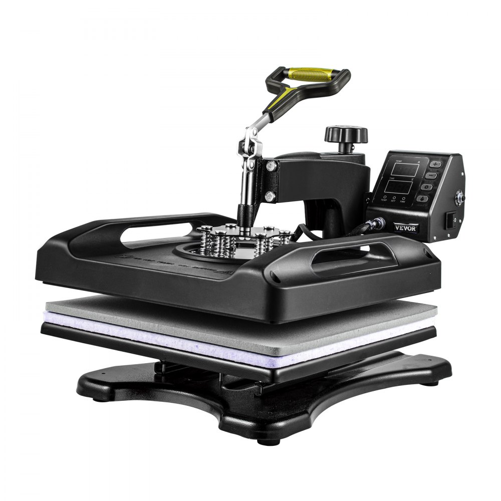 Máquina de prensado térmico VEVOR con pantalla y mango ergonómico para impresión de prendas.