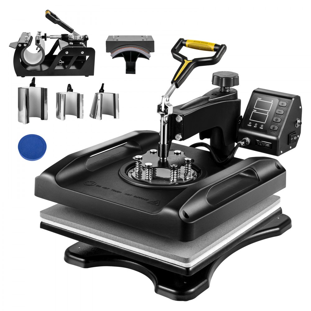 Máquina de prensado térmico VEVOR con varios accesorios y pantalla digital.