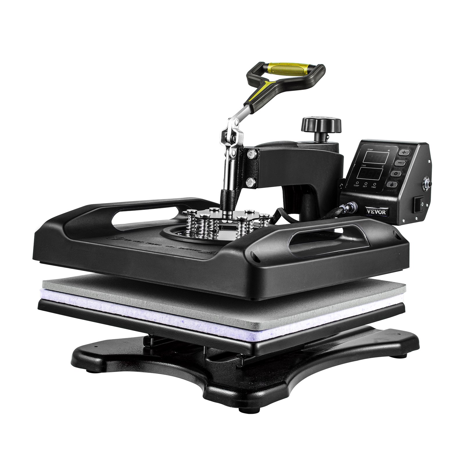 Máquina de prensado térmico VEVOR con pantalla y mango ergonómico para impresión de prendas.