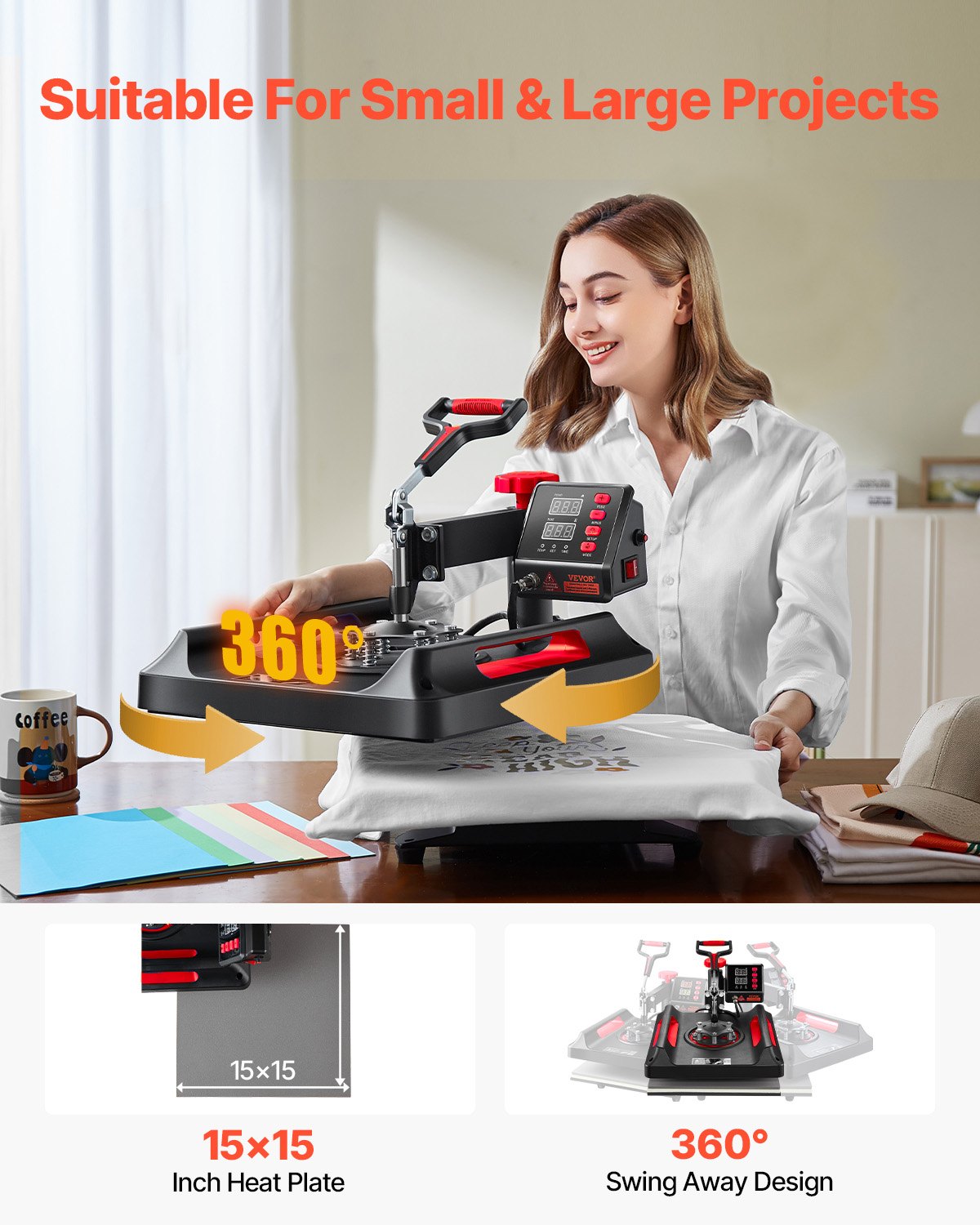 Máquina de prensado térmico VEVOR con brazo oscilante de 360 grados y tres sencillos pasos de impresión.