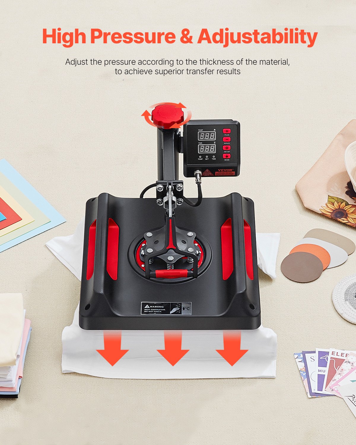 Máquina de prensado térmico VEVOR con accesorios para camisetas, tazas, botellas, platos y gorras.