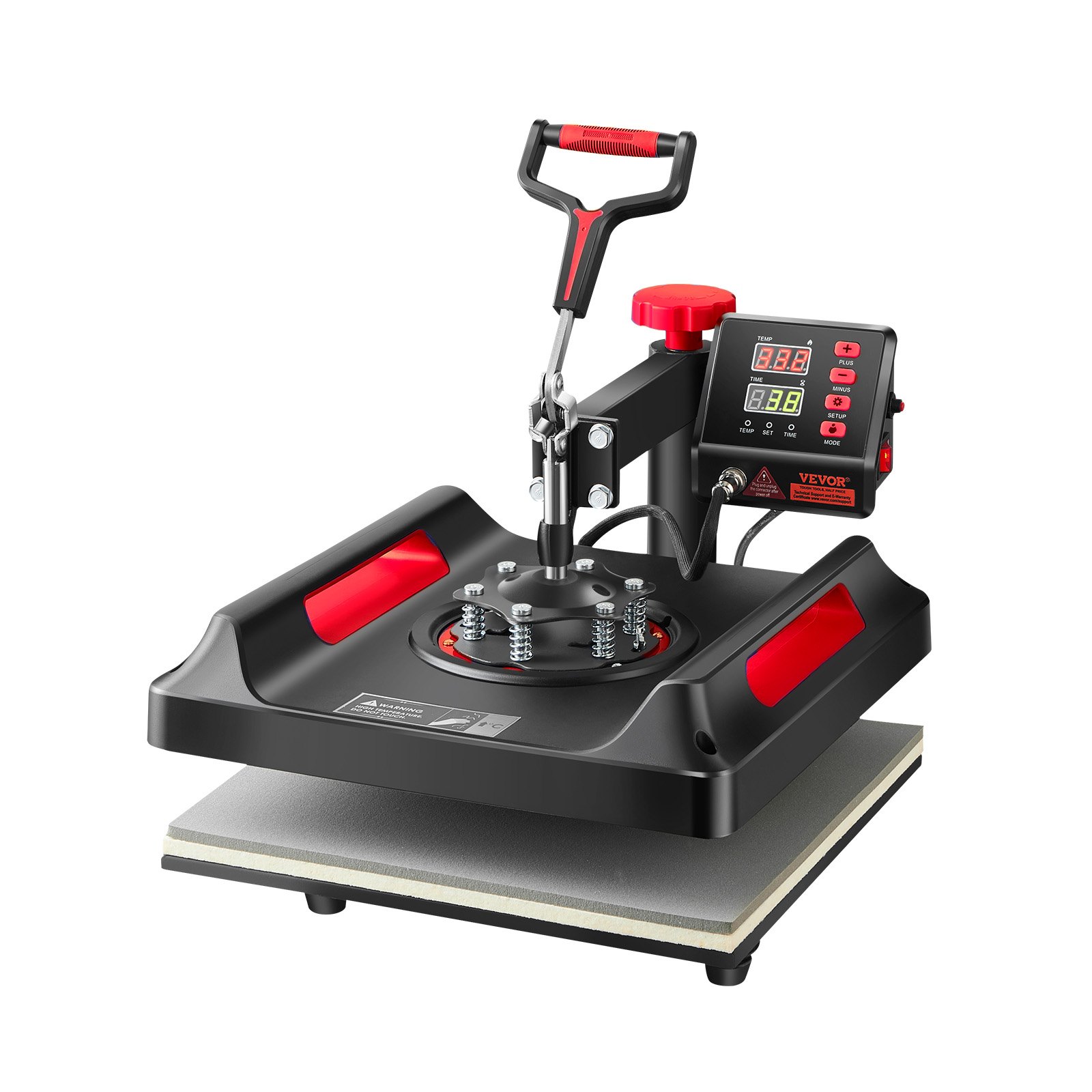 Máquina de prensado térmico VEVOR con pantalla digital y diseño rojo-negro.