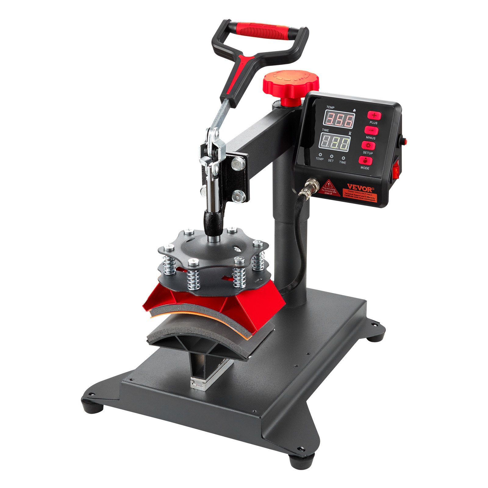 Máquina de prensado térmico VEVOR con pantalla LCD, mango rojo y base negra.