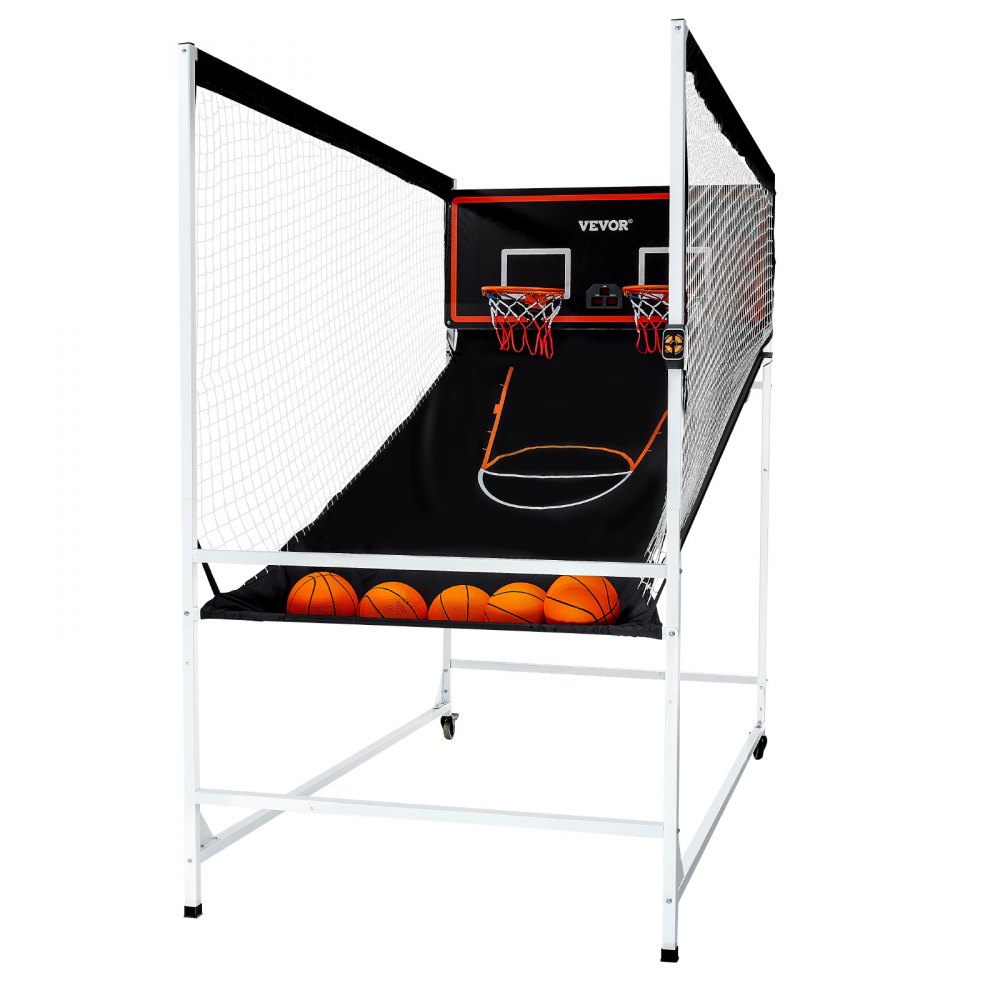 VEVOR Arcade - Juego de baloncesto en jaula, para 2 jugadores, para interior, con 5 balones, 8 modos de juego, marcador electrónico y bomba de inflado, para niños y adultos (blanco y negro)