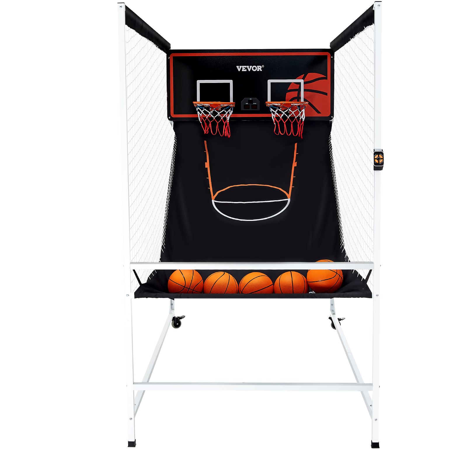 VEVOR Arcade - Juego de baloncesto en jaula, para 2 jugadores, para interior, con 5 balones, 8 modos de juego, marcador electrónico y bomba de inflado, para niños y adultos (blanco y negro)