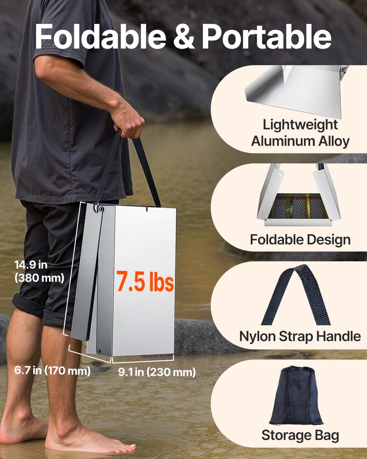 VEVOR - Caja de compuerta plegable de aleación de aluminio, compacta de 127 cm (50"), equipo ligero para la extracción de oro, portátil con musgo de minero, ideal para ríos y arroyos, lavado de oro, prospección y dragado.