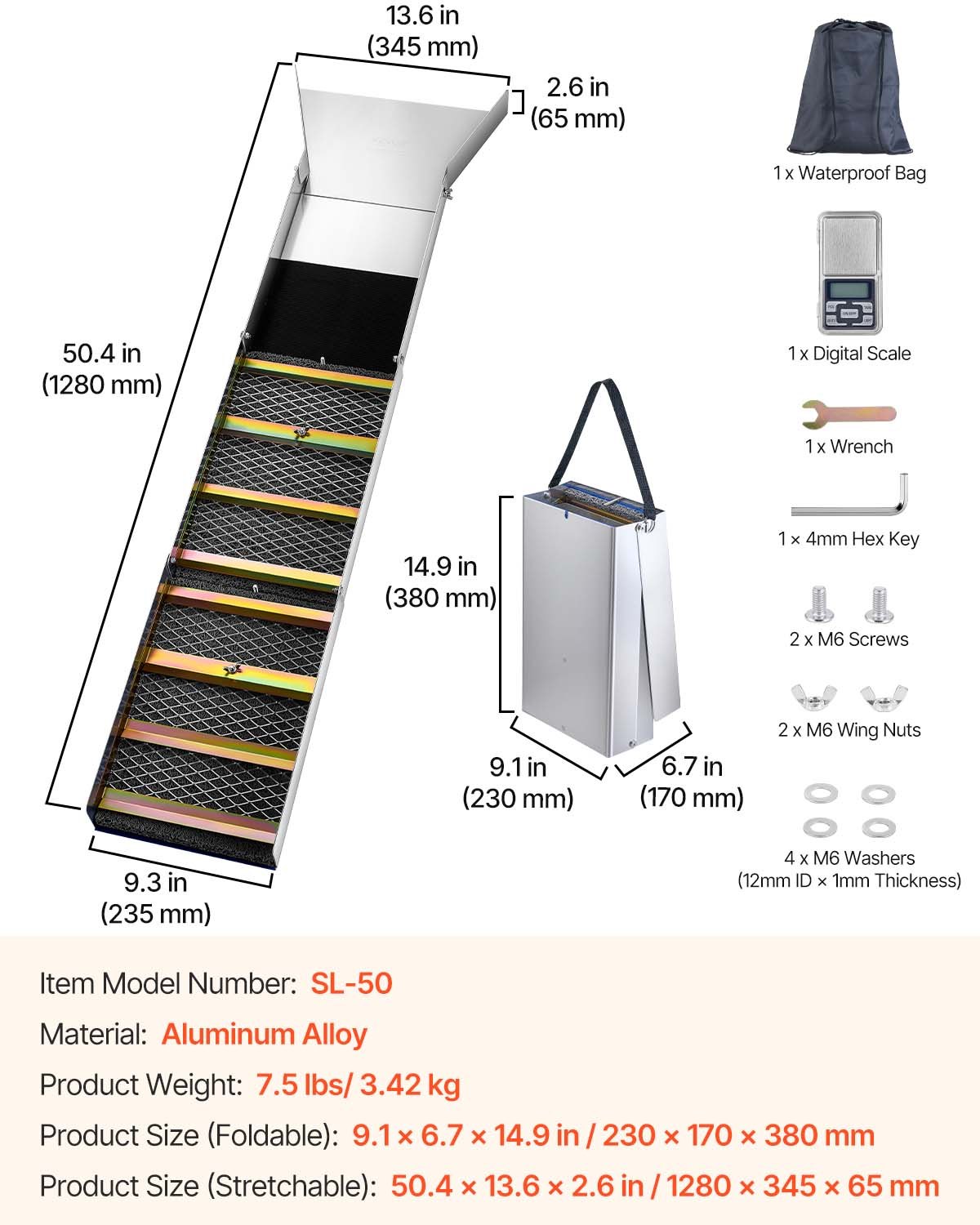 VEVOR - Caja de compuerta plegable de aleación de aluminio, compacta de 127 cm (50"), equipo ligero para la extracción de oro, portátil con musgo de minero, ideal para ríos y arroyos, lavado de oro, prospección y dragado.