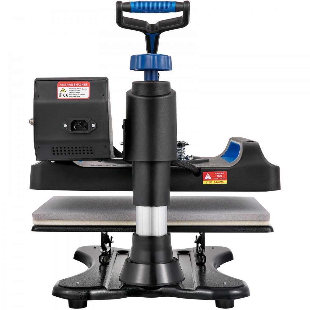 Máquina de prensado térmico VEVOR con mango negro y azul, vista frontal.
