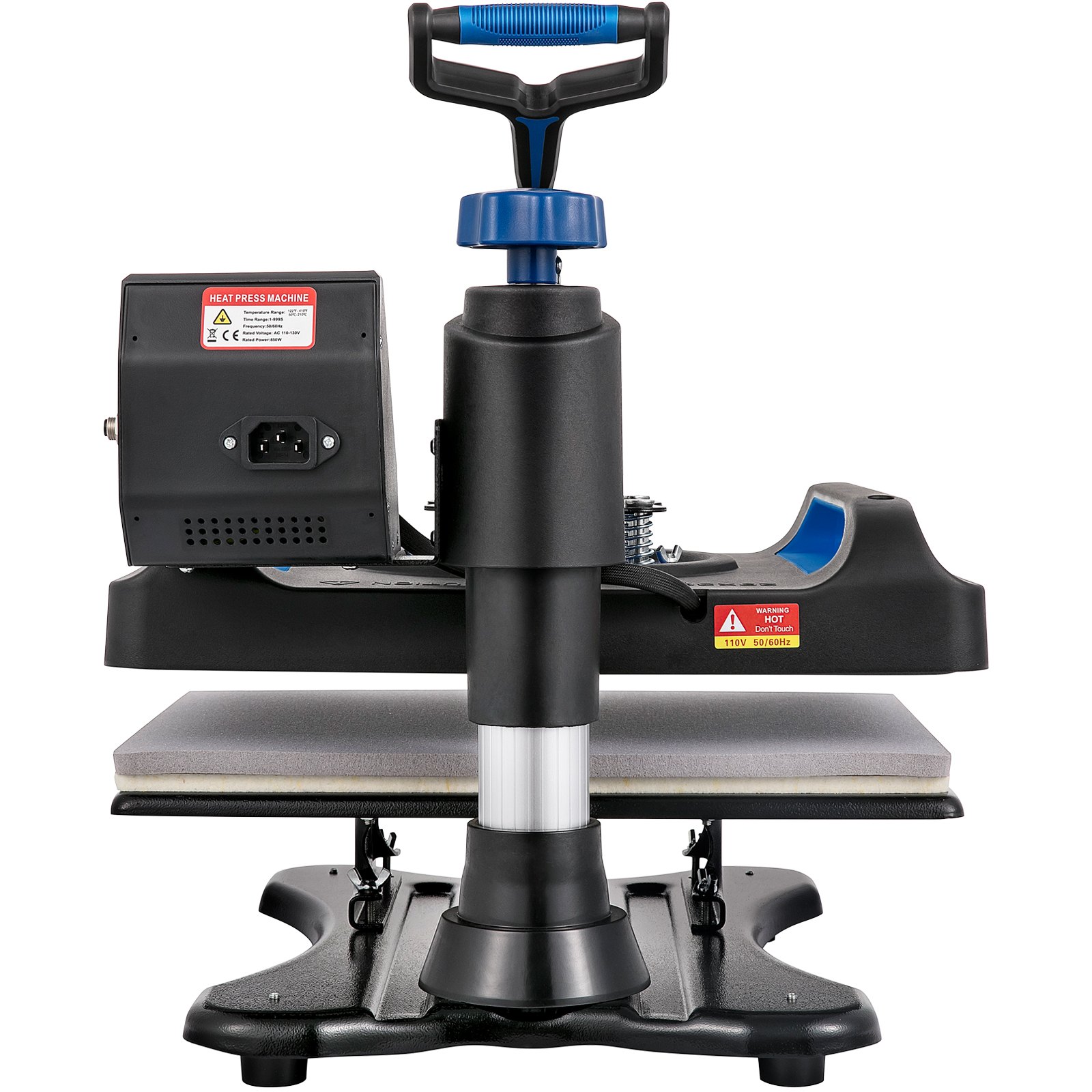 Máquina de prensado térmico VEVOR con mango negro y azul, vista frontal.