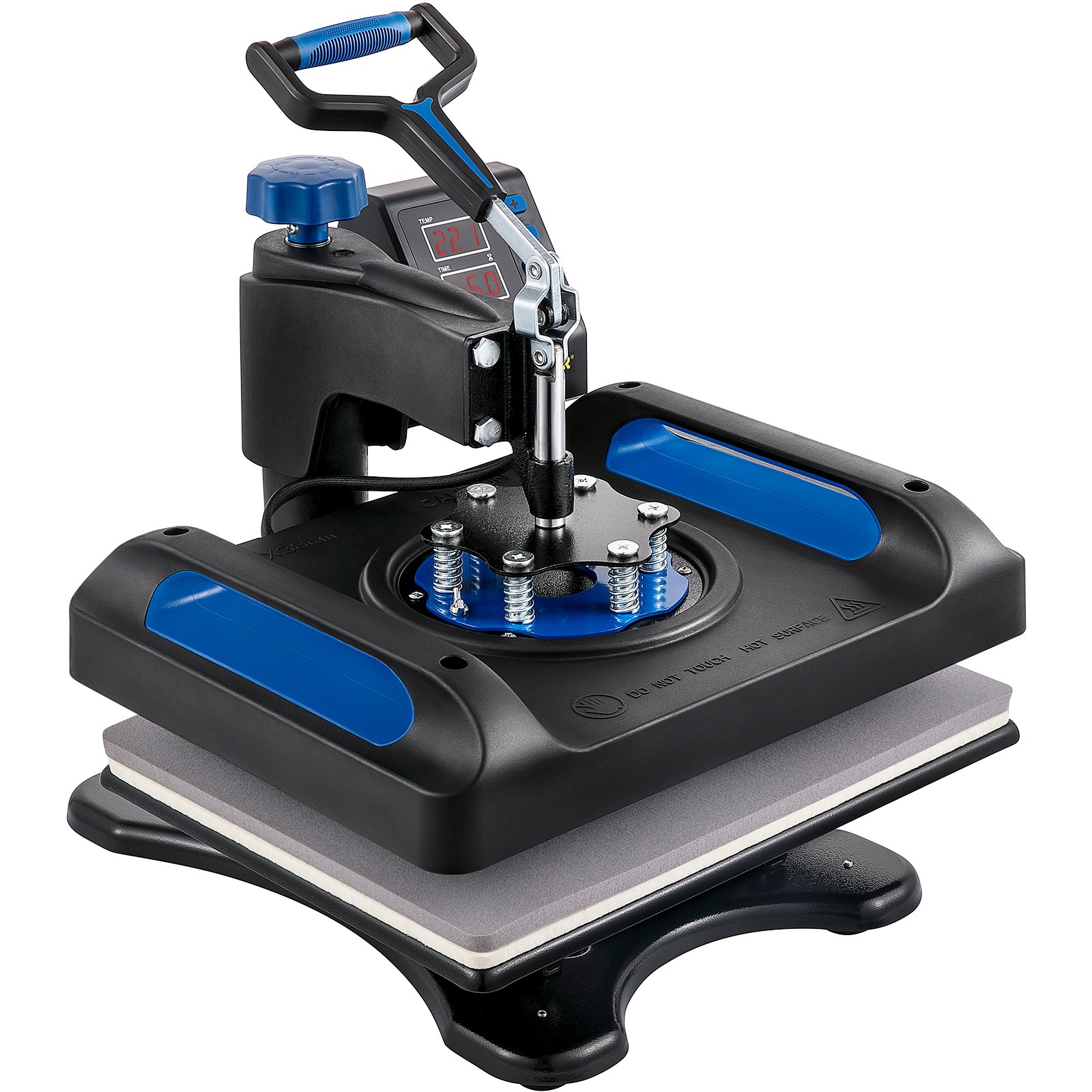 Máquina de prensado térmico VEVOR con pantalla digital y mango resistente en color negro y azul.