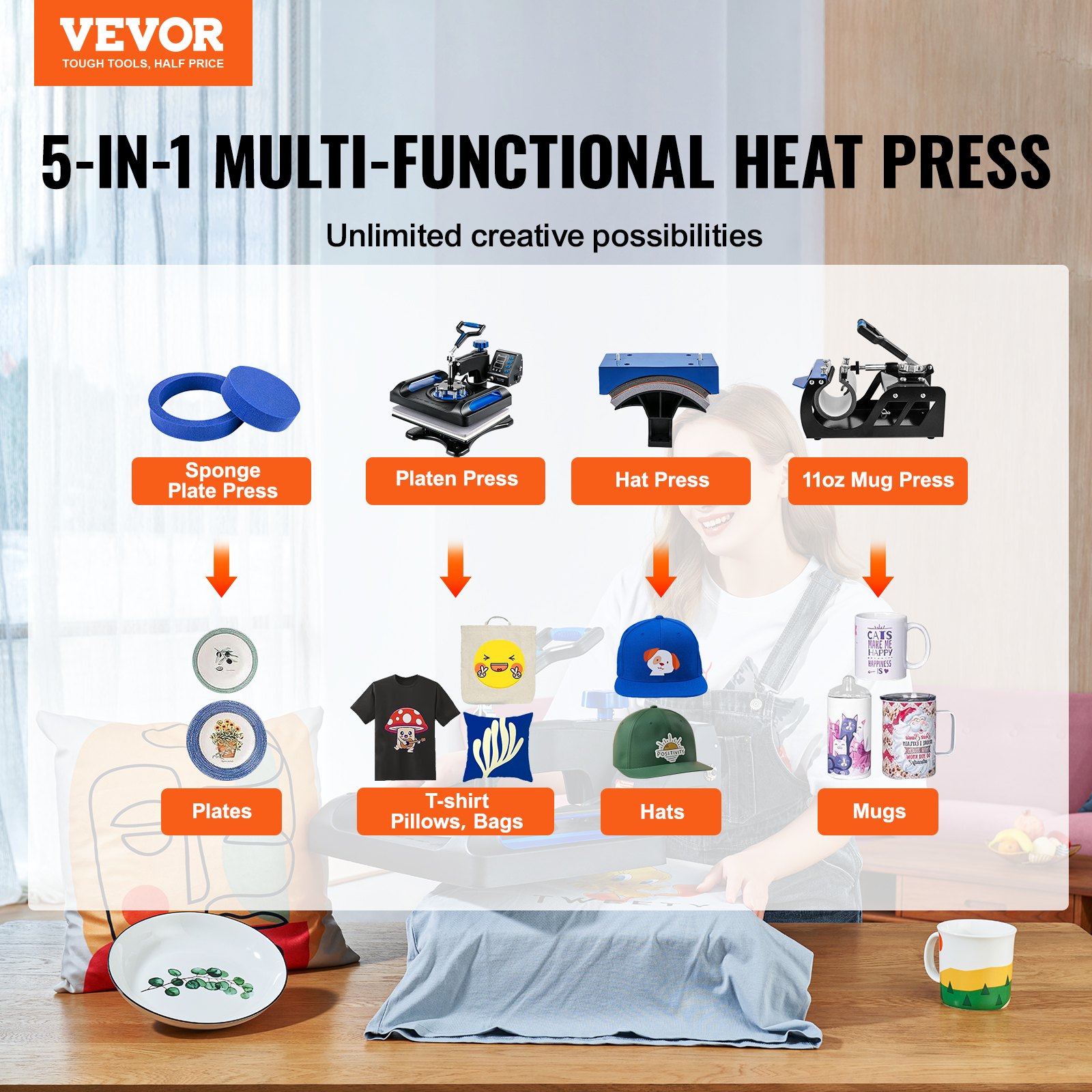 Máquina de prensado térmico VEVOR 5 en 1 para platos, camisetas, gorras y tazas. Posibilidades ilimitadas.