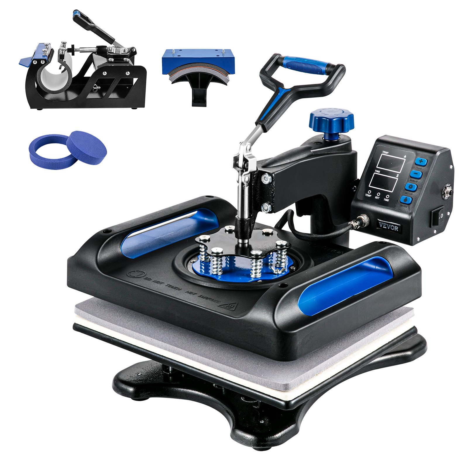 Máquina de prensado térmico VEVOR con controles digitales y accesorios de calentamiento intercambiables.
