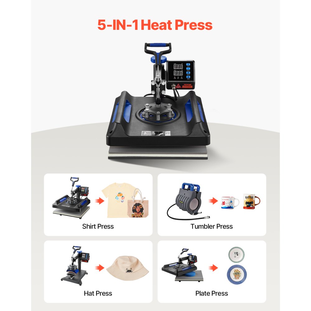Prensa térmica VEVOR, prensa térmica 5 en 1 con mecanismo oscilante de 15 x 15 pulgadas, dispositivo multifuncional con control digital, calentamiento rápido con funciones de seguridad, ideal para camisetas, sombreros, gorras, tazas y platos