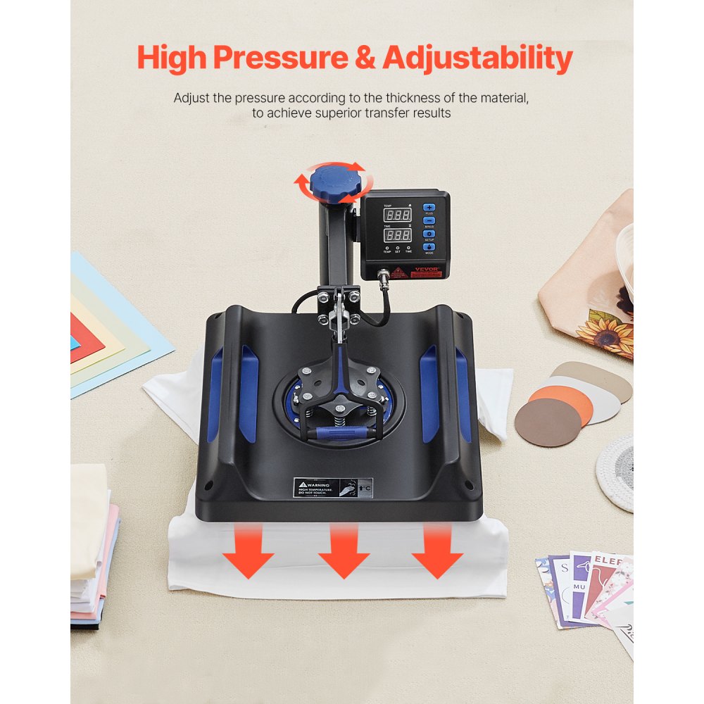 Prensa térmica VEVOR, prensa térmica 5 en 1 con mecanismo oscilante de 15 x 15 pulgadas, dispositivo multifuncional con control digital, calentamiento rápido con funciones de seguridad, ideal para camisetas, sombreros, gorras, tazas y platos