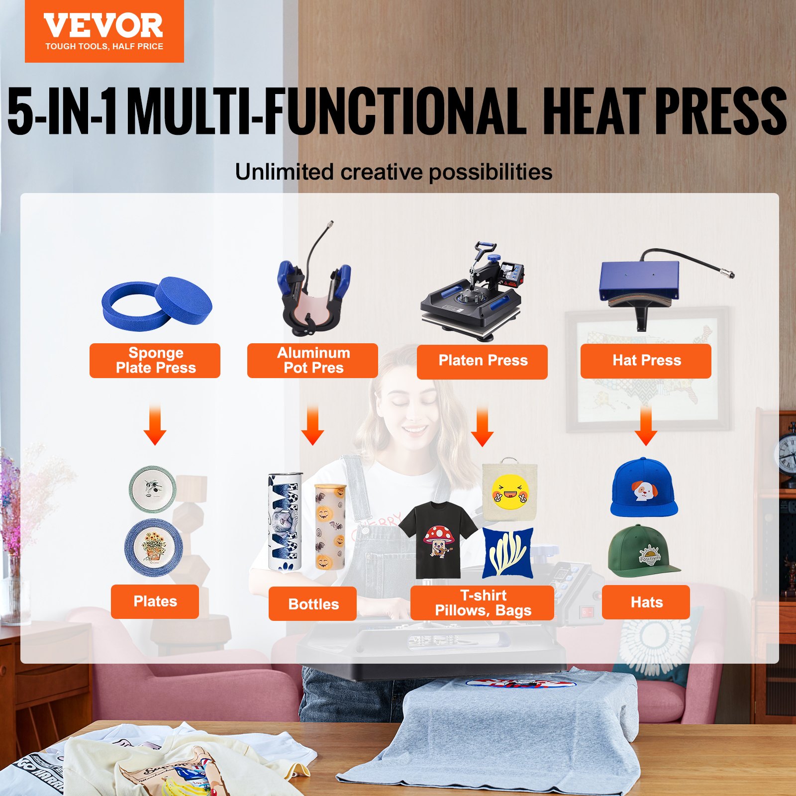 Prensa térmica VEVOR 5 en 1 para platos, botellas, camisetas, gorras y más proyectos creativos.