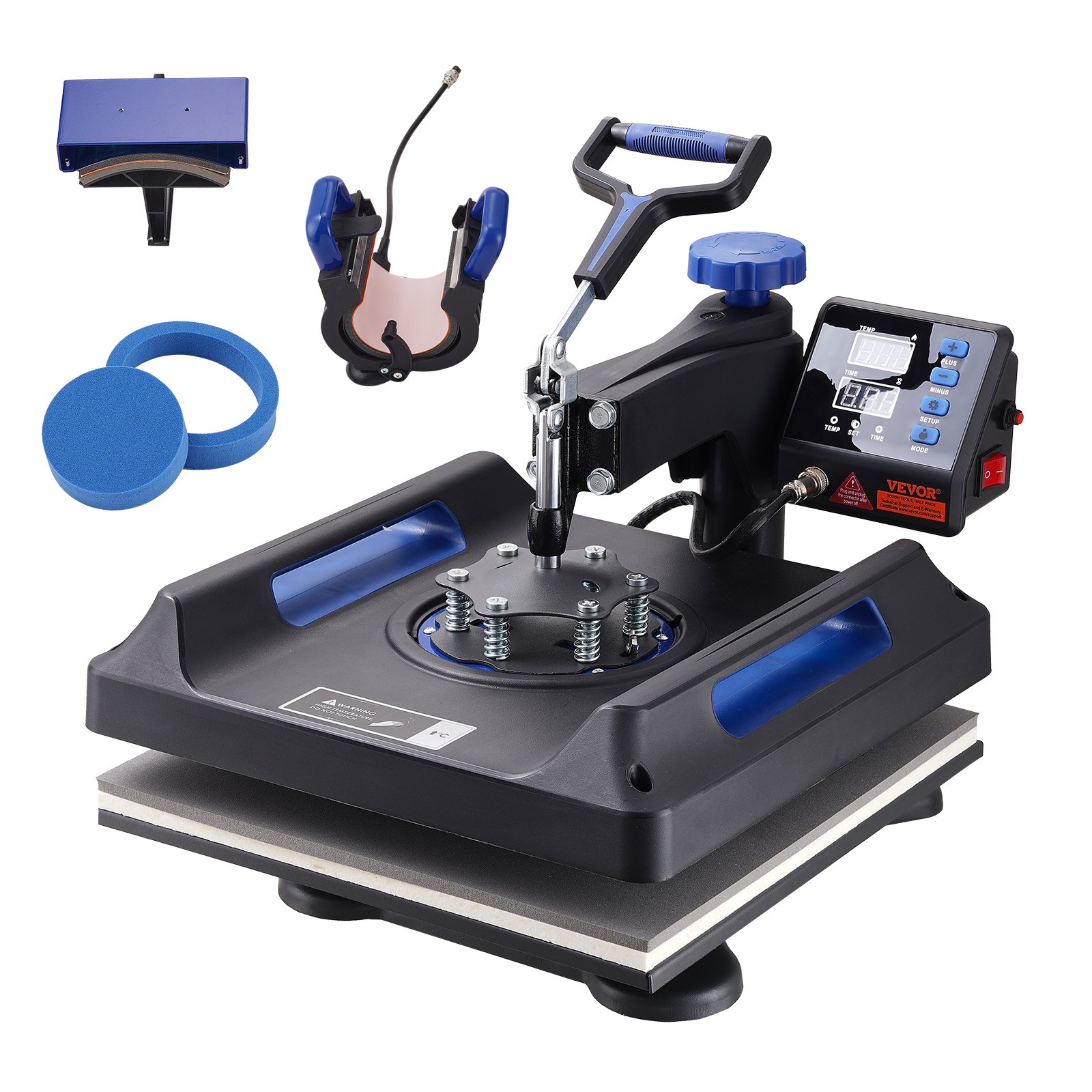 Prensa térmica VEVOR, multifunción con pantalla digital y accesorios azules incluidos.