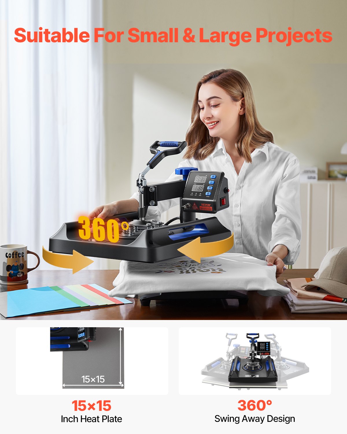 Prensa térmica VEVOR, prensa térmica 5 en 1 con mecanismo oscilante de 15 x 15 pulgadas, dispositivo multifuncional con control digital, calentamiento rápido con funciones de seguridad, ideal para camisetas, sombreros, gorras, tazas y platos