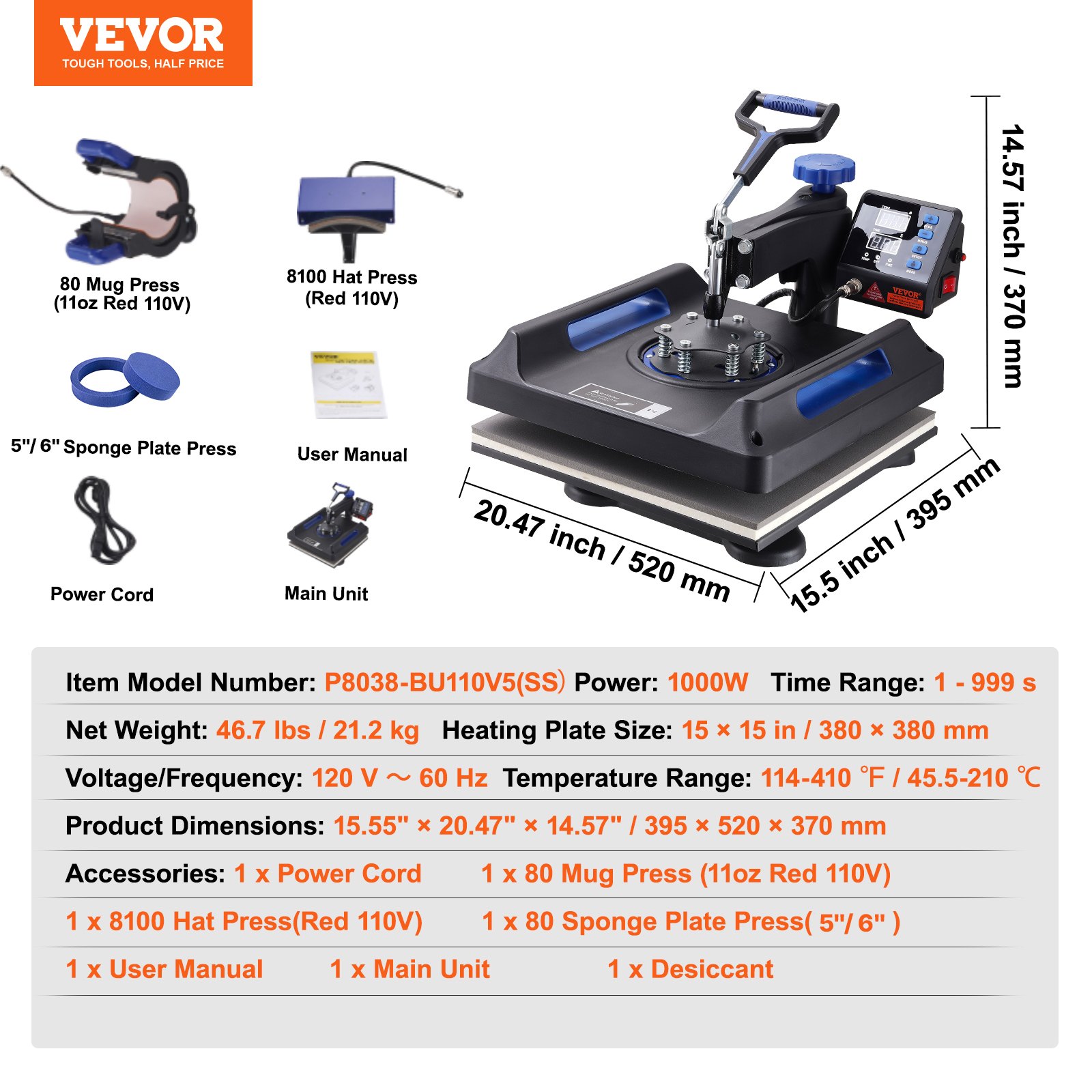 Prensa térmica VEVOR, prensa térmica 5 en 1 con mecanismo oscilante de 15 x 15 pulgadas, dispositivo multifuncional con control digital, calentamiento rápido con funciones de seguridad, ideal para camisetas, sombreros, gorras, tazas y platos