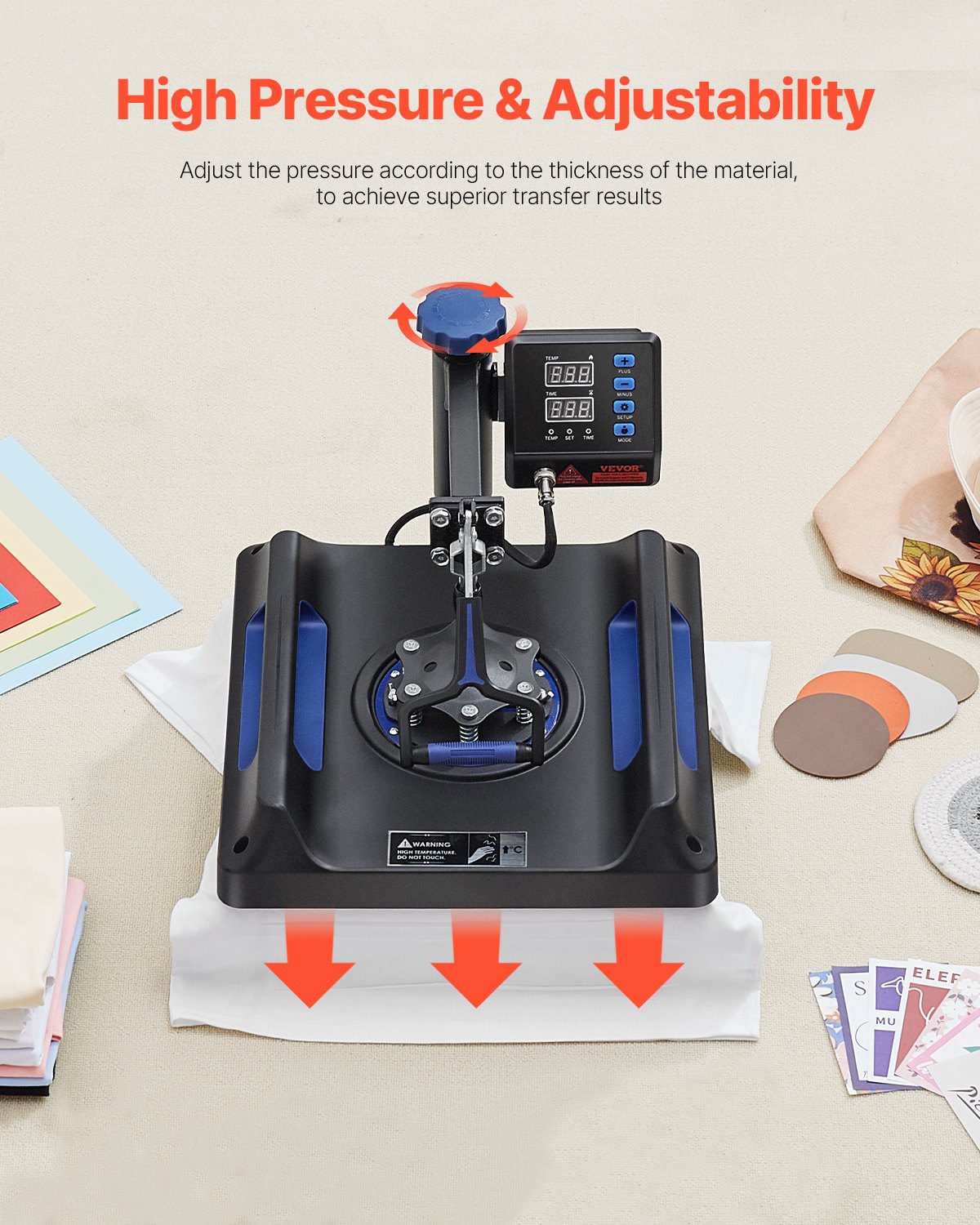 Prensa térmica VEVOR, prensa térmica 5 en 1 con mecanismo oscilante de 15 x 15 pulgadas, dispositivo multifuncional con control digital, calentamiento rápido con funciones de seguridad, ideal para camisetas, sombreros, gorras, tazas y platos