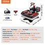 Máquina de prensado térmico VEVOR con placas de prensado para tazas, sombreros y esponjas, detalles y dimensiones.