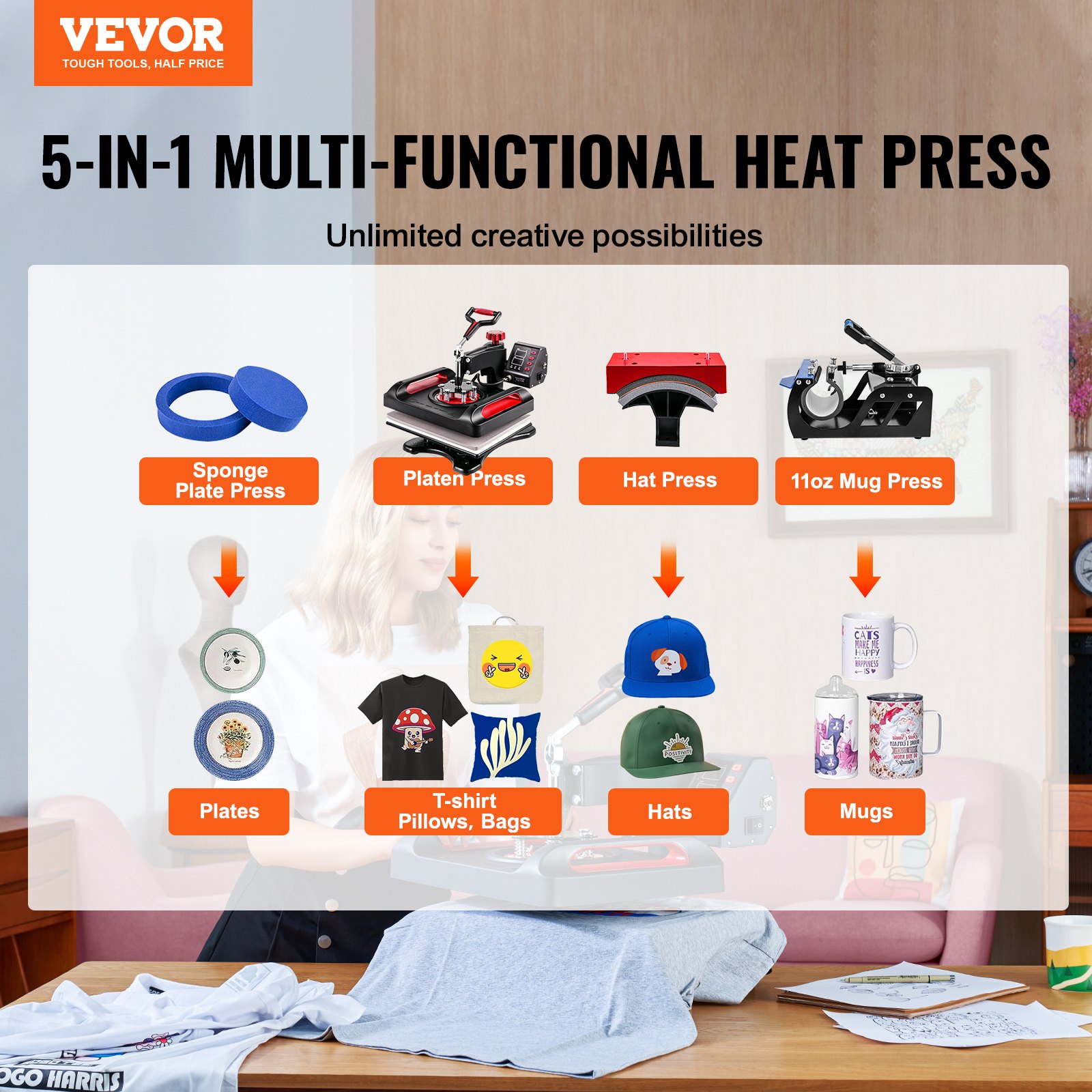 Máquina de prensado térmico VEVOR: multifuncional 5 en 1 para platos, camisetas, gorras y tazas.