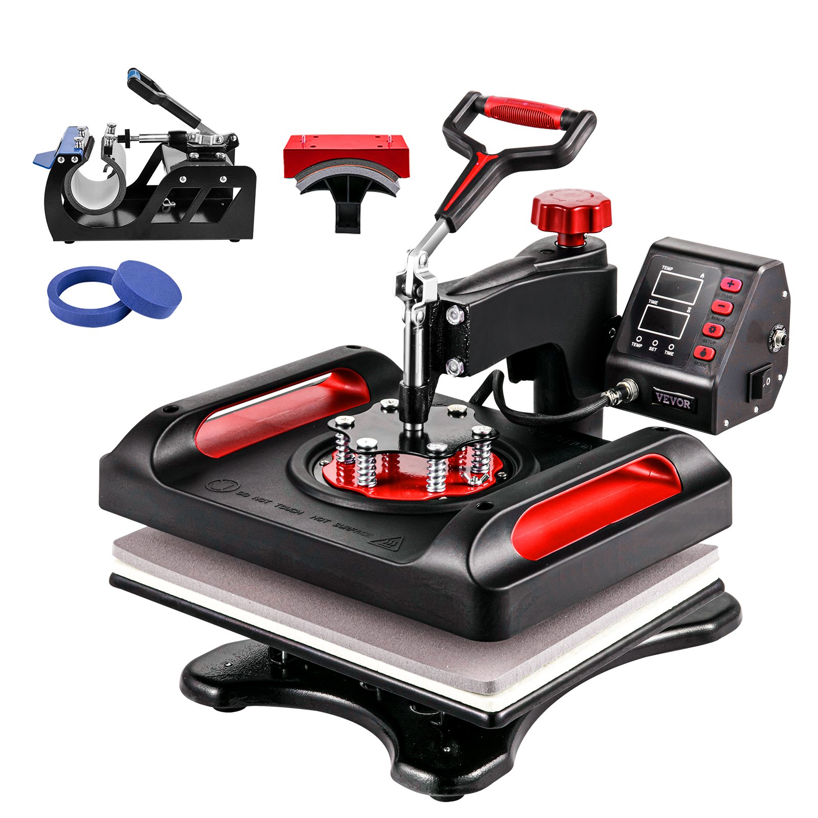 Máquina de prensado térmico VEVOR con configuraciones de calor ajustables, accesorios y controles digitales.