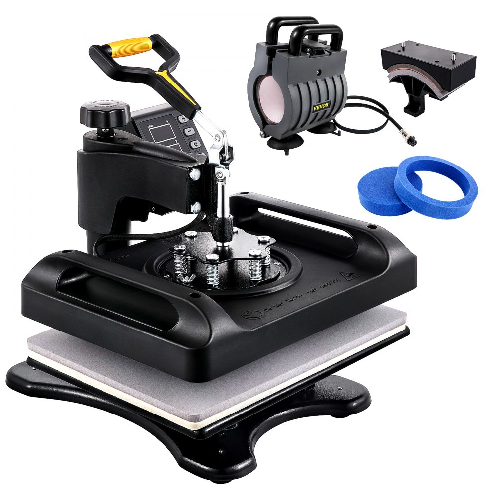 Máquina de prensa térmica VEVOR con accesorios, anillos azules y panel de control.