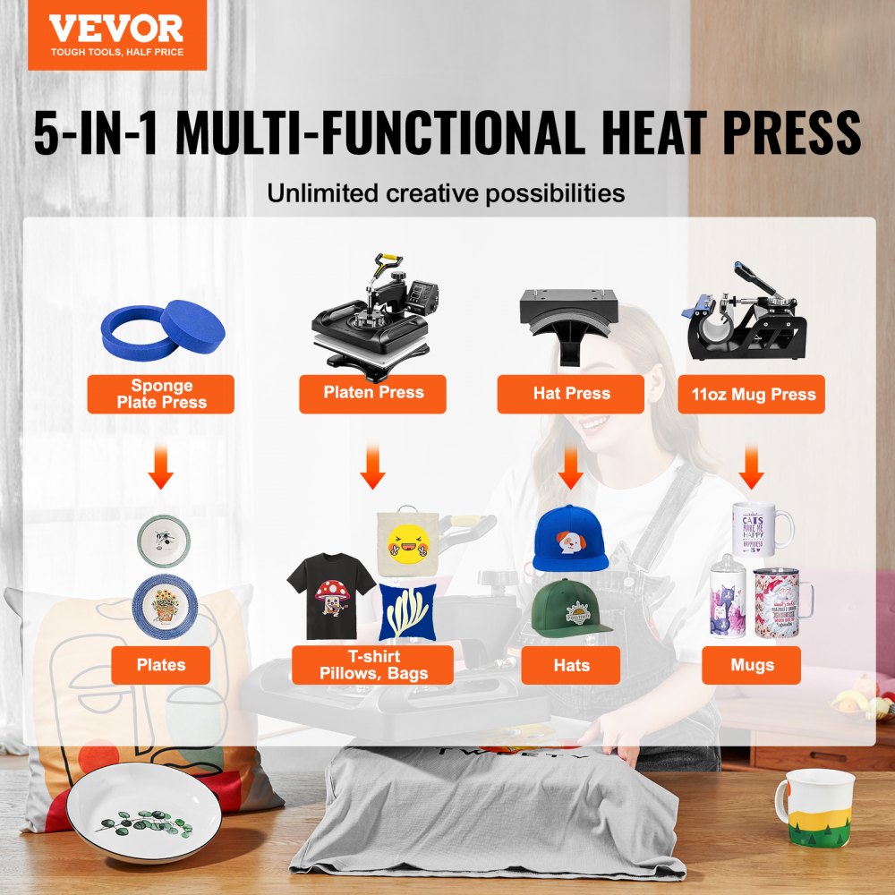 Máquina de prensado térmico VEVOR con uso multifuncional 5 en 1 para platos, camisetas, gorras y tazas.