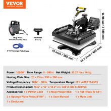 VEVOR Prensa de Calor Prensa Térmica Máquina de Sublimación 5 en 1 Máquina de Prensado en Caliente P8001 12x15 Negra