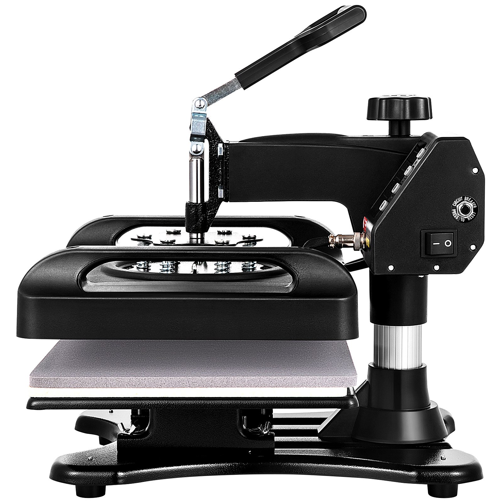 Máquina de prensado térmico VEVOR con brazo ajustable y configuración de panel de control.