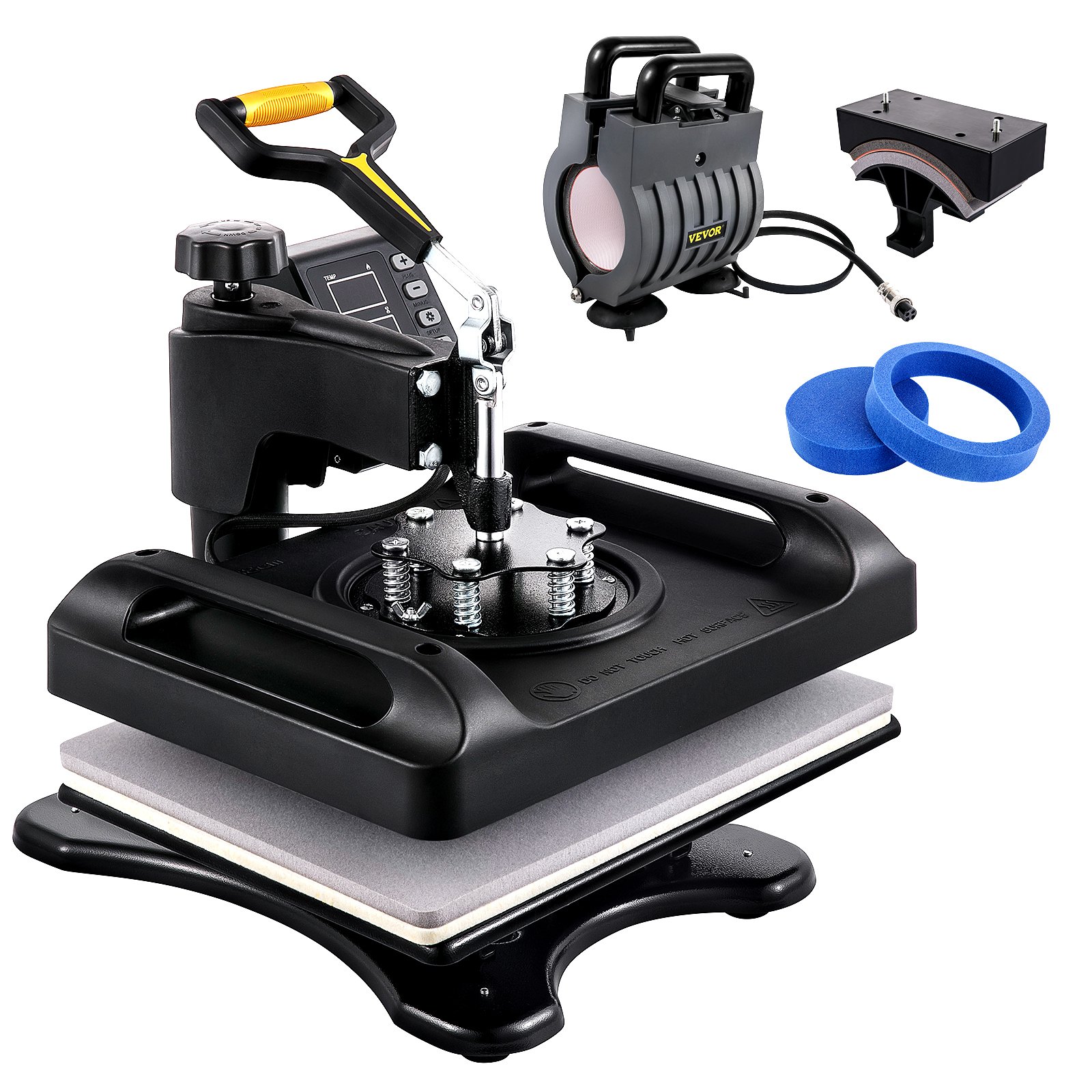 Máquina de prensa térmica VEVOR con accesorios, anillos azules y panel de control.