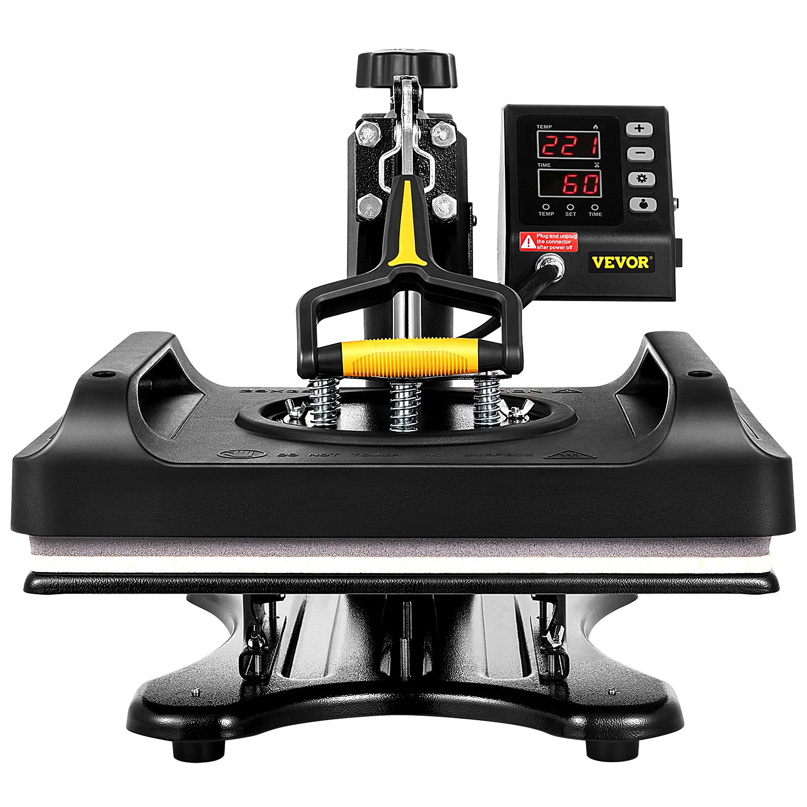 Vista frontal de la máquina de prensado térmico VEVOR con panel de control digital y mango ergonómico.