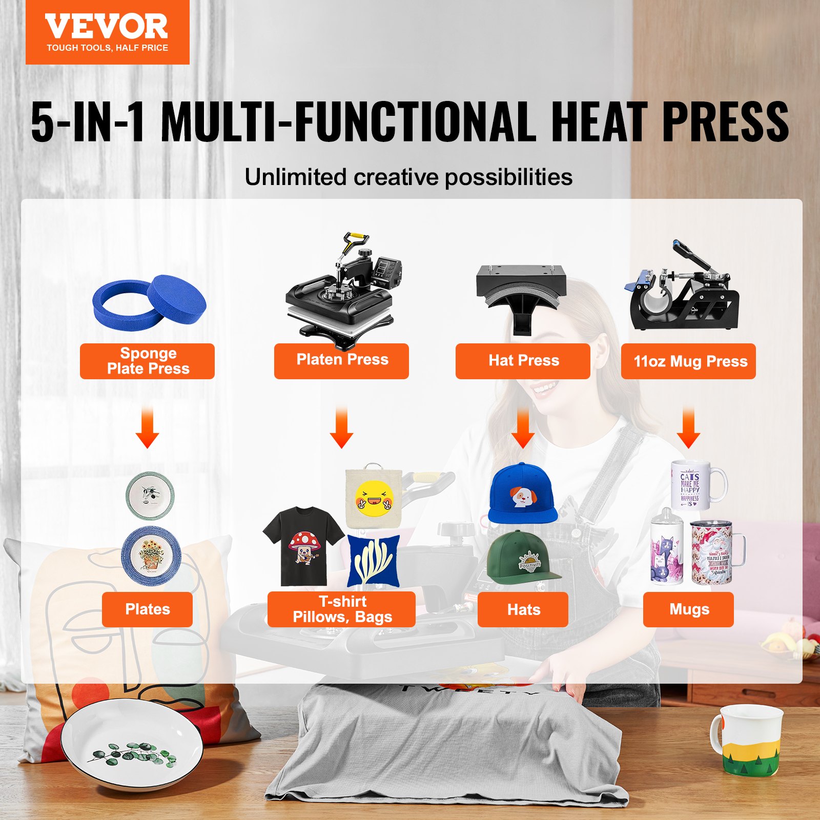 Máquina de prensado térmico VEVOR con uso multifuncional 5 en 1 para platos, camisetas, gorras y tazas.