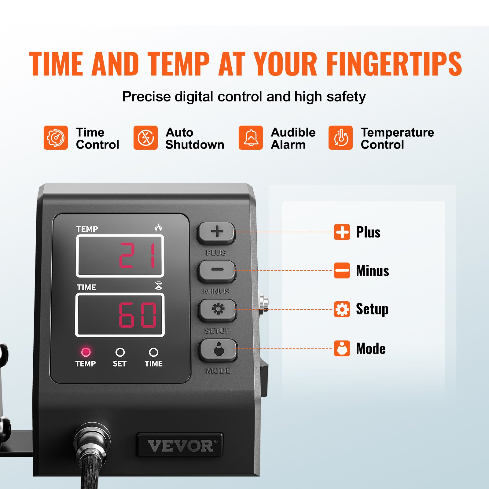 Panel de control digital de la máquina de prensado térmico VEVOR con configuraciones de temperatura y tiempo.