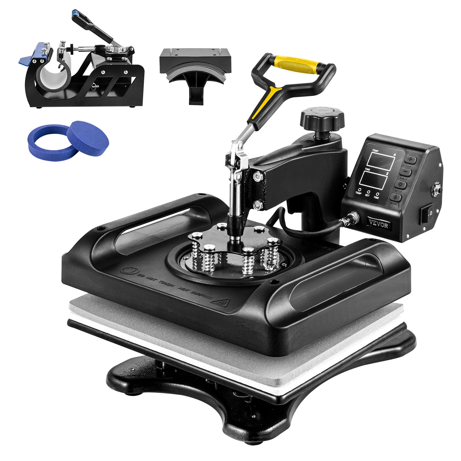 Máquina de prensado térmico VEVOR con controles digitales y accesorios para una impresión versátil.