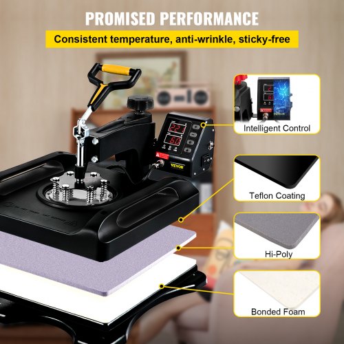 VEVOR Prensa de Calor 5 en 1 Placa 38 x 38 cm Máquina de Prensa de Calor Negro 1000 W Giratoria de 360 Grados Pantalla Digital Anti-quemaduras Prensa de Transferencia para Camiseta Taza Sombrero Tapa