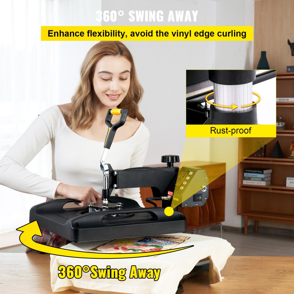 Prensa térmica VEVOR con diseño giratorio de 360° para una mayor flexibilidad y un acabado a prueba de óxido.