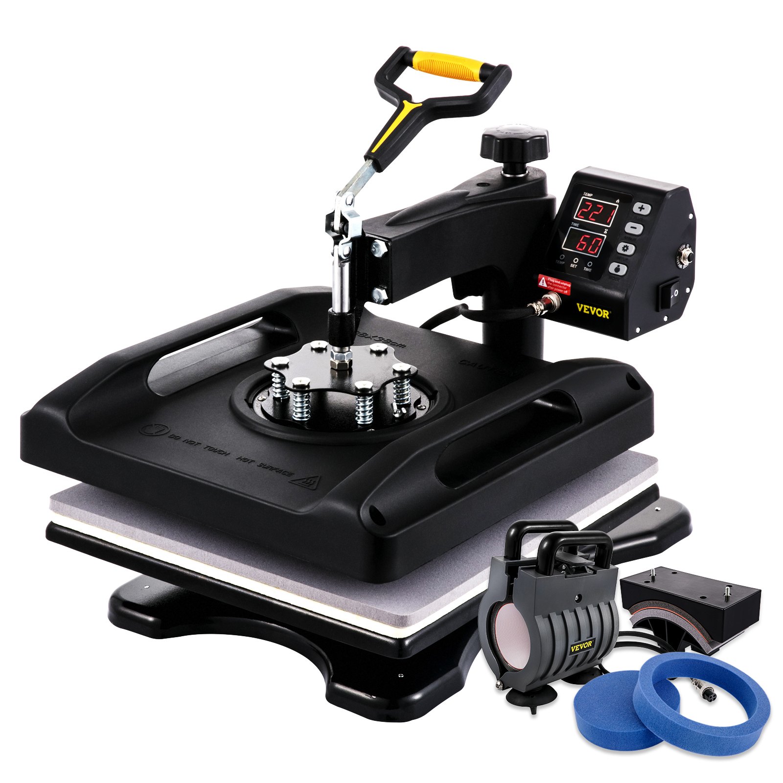 Prensa térmica VEVOR con pantalla digital, mango ajustable y accesorios incluidos.